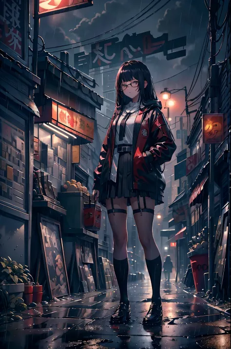 8K，tmasterpiece，Best quality at best，hyper-detailing，realistically，Extremely detailed face，电影灯光，Ray traching，unlit hair，
on a cloudy street，Corner store，foggy and heavy rain，A black man with long hair and black eyeright street lights，girl standing under st...