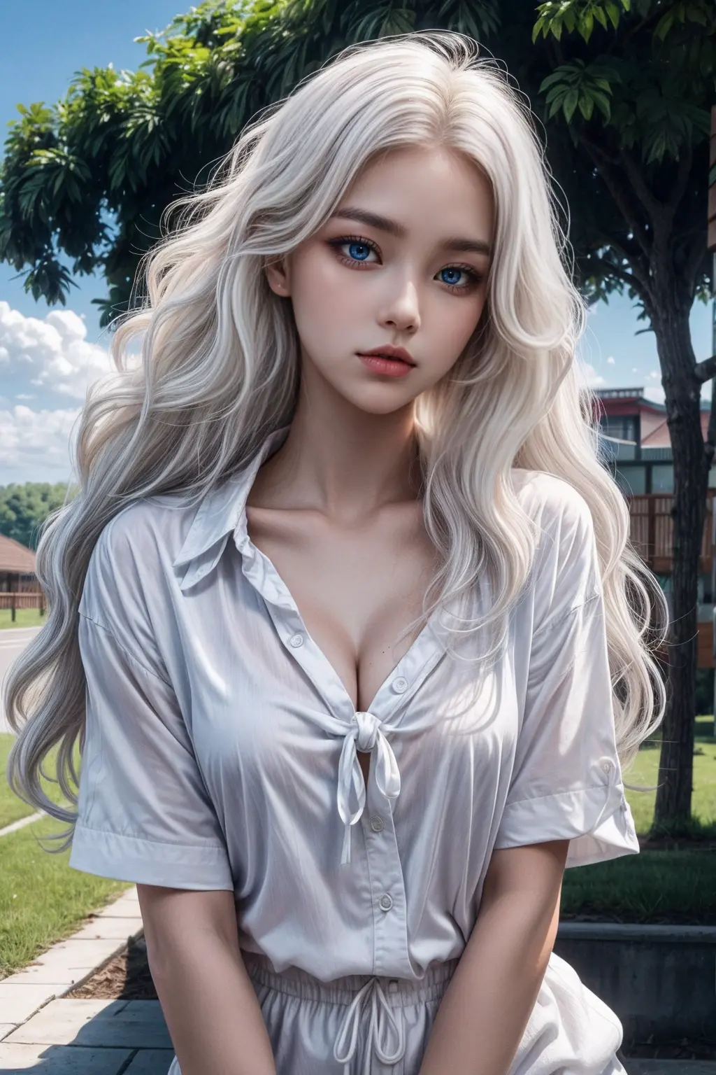 (masterpiece, realistic, high resolution), (1 girl): 1.2), korean, ((white wavy hair): 1.3), (heterochromic eyes: 1.1, thick eye...