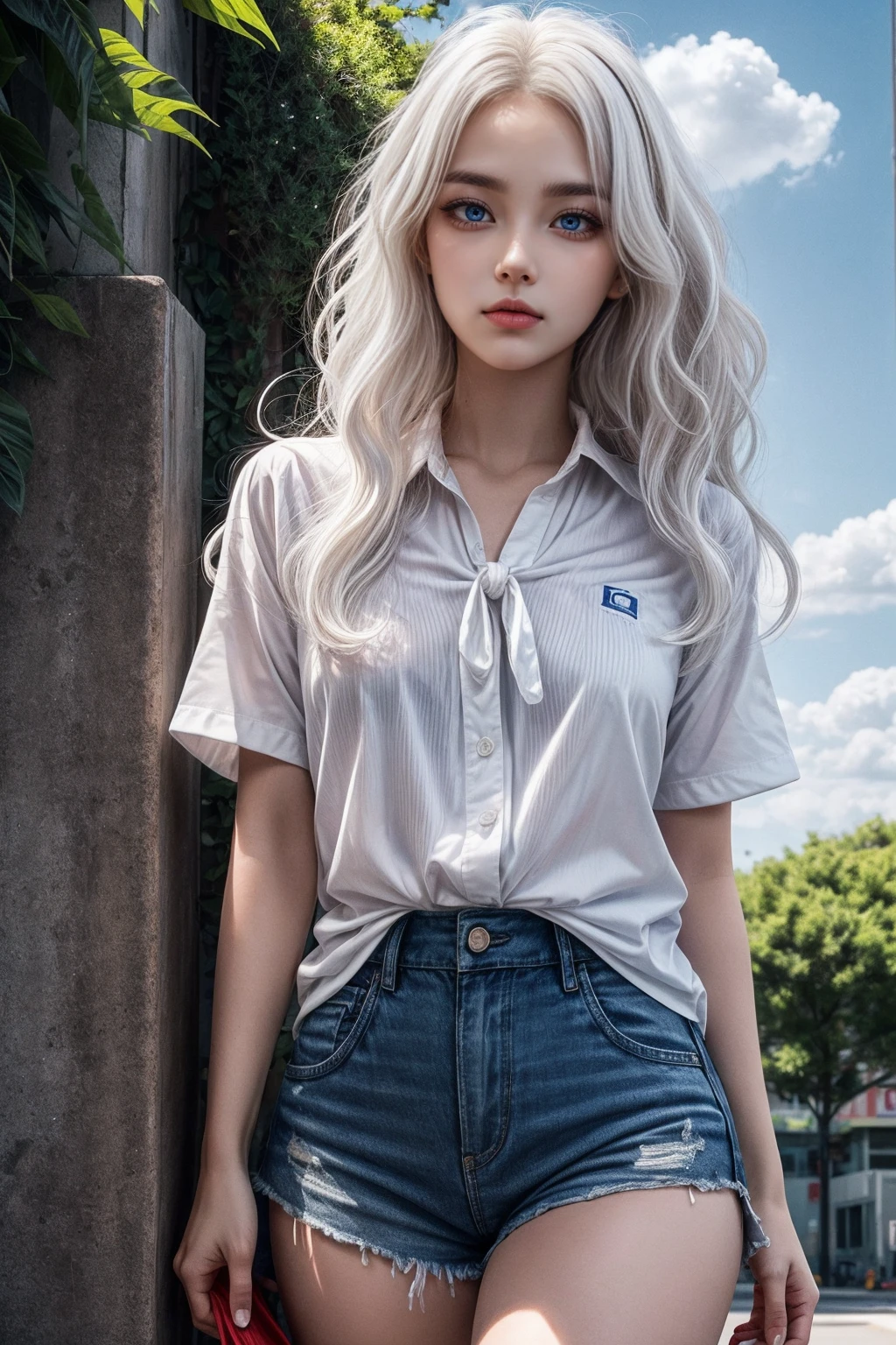 (Masterpiece, realistic, high resolution), (1 girl): 1.2), Korean, ((white wavy hair): 1.3), (heterochromic eyes: 1.1, thick eyebrows, small moles under the eyes), tie, (white shirt, red sports shortedium breasts): 1.2, thighs), outdoor, blue sky and white clouds