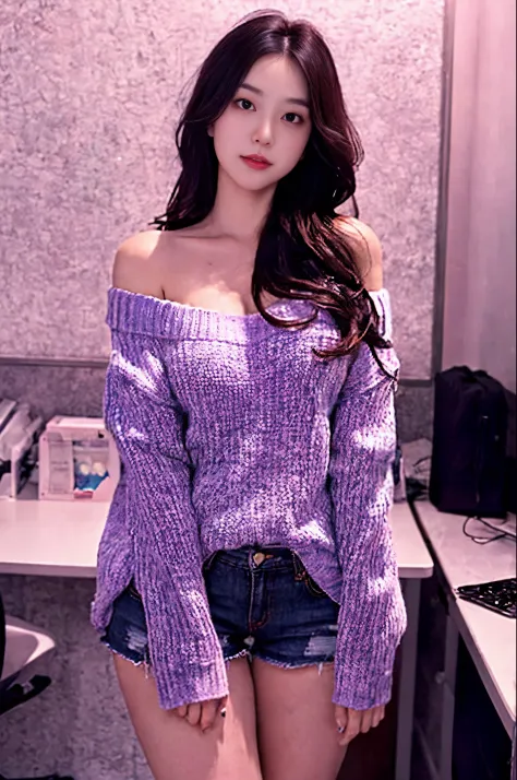lady, posing seductively to viewer, solo:1, pov, beautiful thick thighs, Office background, long hair, 3/4 body, Off shoulder V neck sweater mini hot shorts