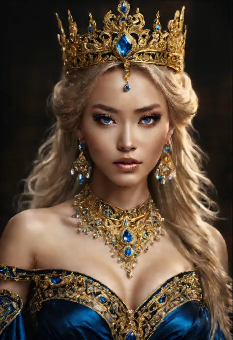 crystal princess wearing ornate jewelry, asian faces with beautiful flowing blonde hair and striking blue eyes, black and gold r...