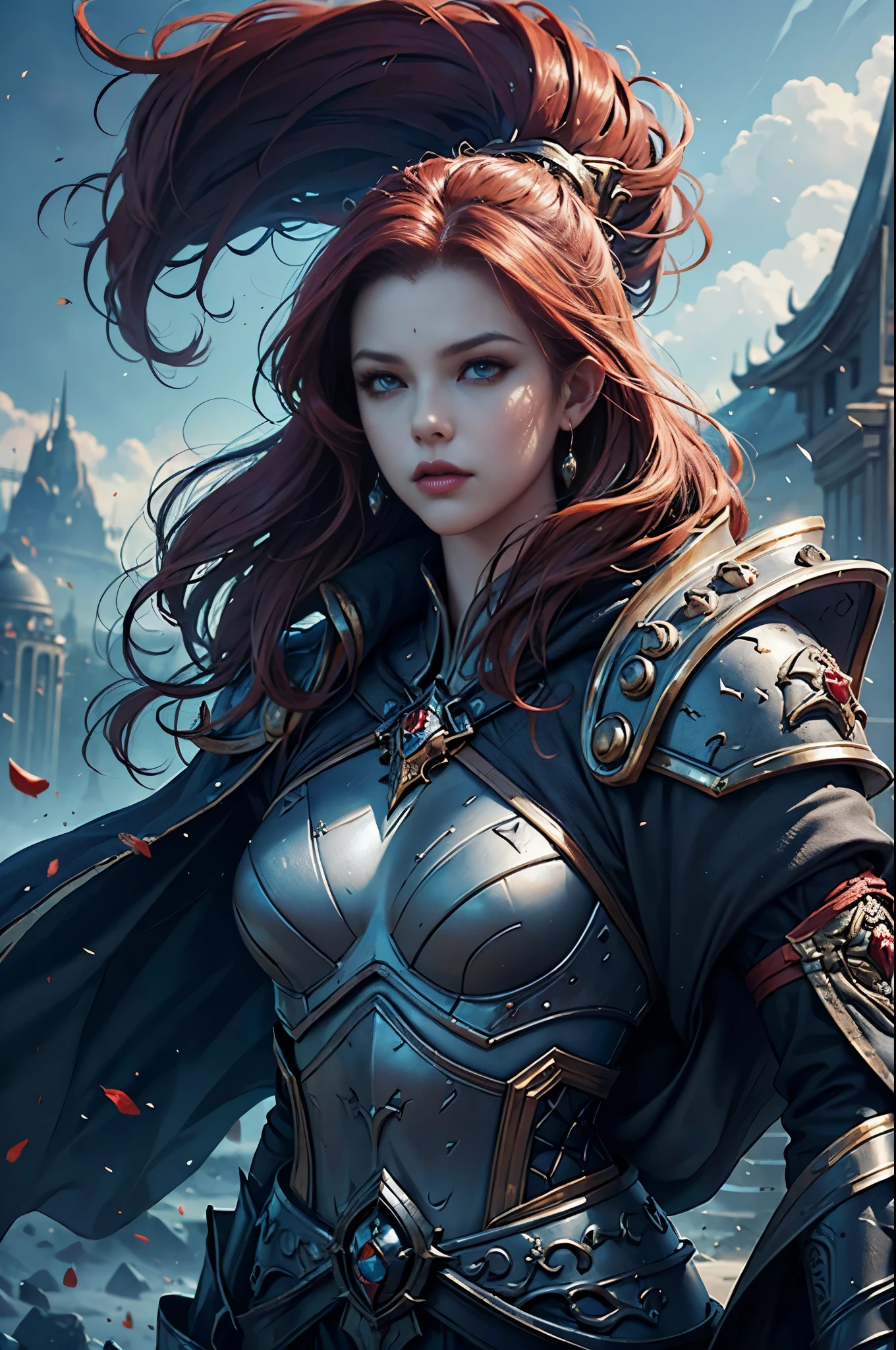 Arab woman in black and red armor holding a, a character portrait by Yang J, cg society contest winner, Fantasy Art, epic exquisite character art, Stunning character art, redhead queen in heavy red armor, 2. 5 d cgi anime fantasy artwork, epic fantasy art style, ig model | ArtGerm, epic fantasy digital art style, Battlefield Commander, Invincible female general, brave, Awe-inspiring Hall々, extremely detailed and beautiful eyes, perfect supermodel body, Cloak wrapped in the wind, Battle Master, Veteran Warrior, incarnation of athena, Best Quality, Perfect Angle, perfect-composition, Best Shots, Official art, ciinematic light