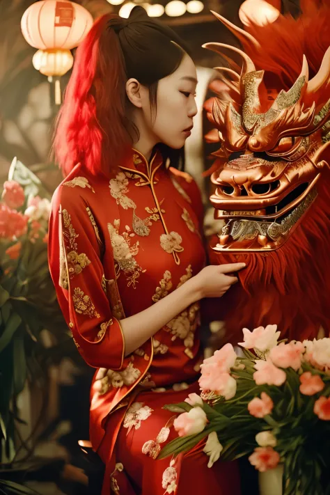 there is a woman sitting at a table with a vase and a dragon statue, portrait shot, wearing a red cheongsam, chinese style, chinese girl, mid shot portrait, by Tan Ting-pho, sha xi, inspired by Tan Ting-pho, chinese woman, album art, shot on canon eos r 5,...