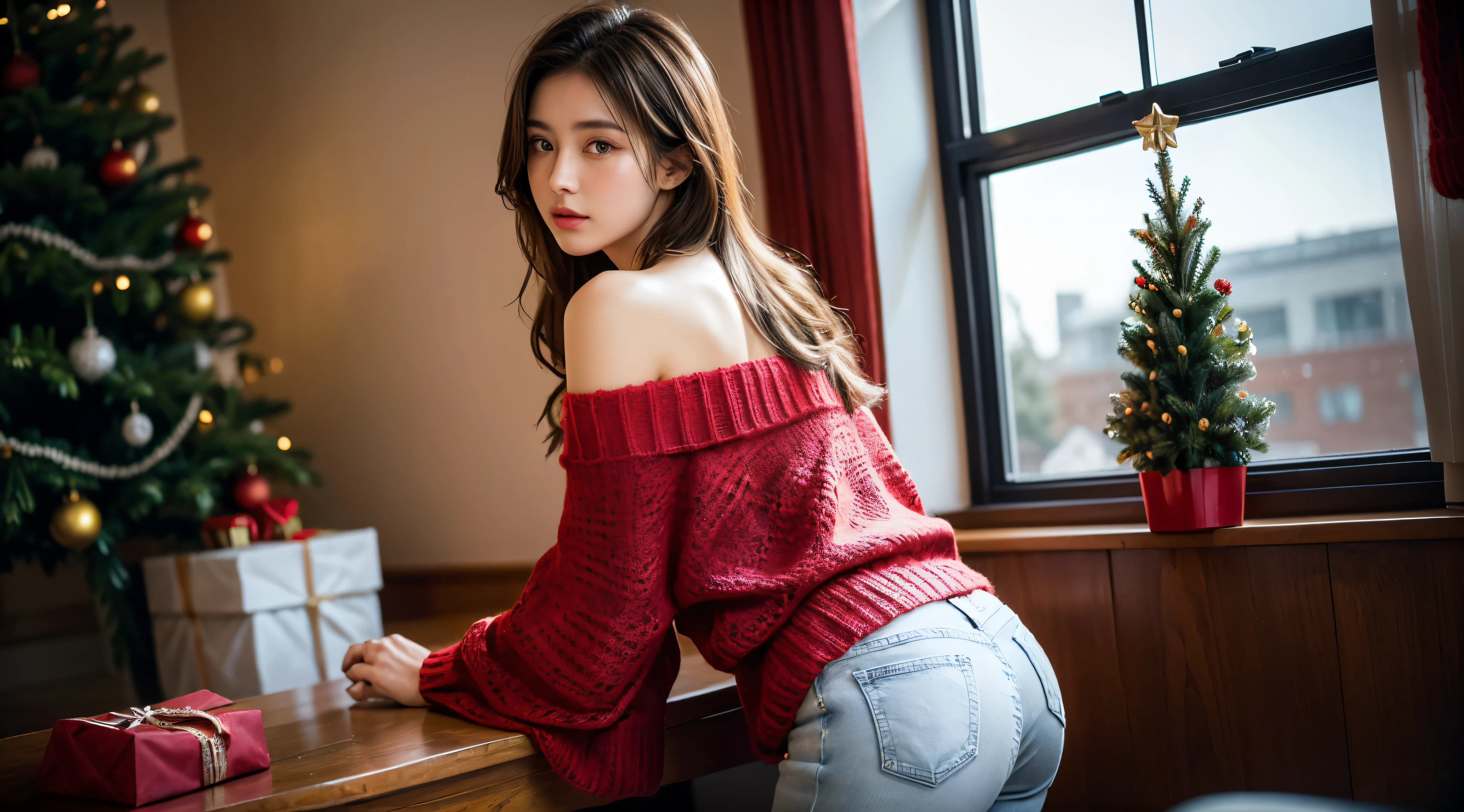 (1young girl), (backwards:1.5), looking back, (highly detailed Beautiful face), Amazing face and eyeest Quality:1.4), (Ultra-detailed), (extremely detailed CG unified 8k wallpaper), Highly detailed, High-definition raw color photos, Professional Photography, Realistic portrait, Amazing face and eyes, (off shoulder red sweater:1.5), (Christmas, Christmas Ornaments, Christmas tree), Indoor, School, classroom, (blue jeans:1.3), depth of fields, (view from below:1.25),