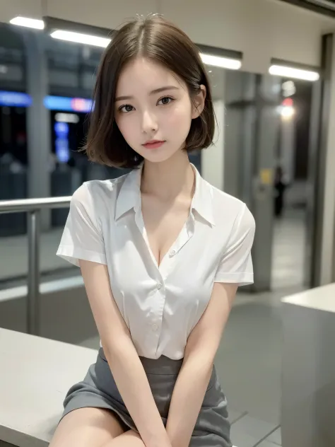 ((top quality, 8k, masterpiece: 1.3, raw photo)), Sharp Focus: 1.2, (SOLO), (1 aespa girl: 1.2), (Realistic, Photorealistic: 1.37), (face focus: 1.1), cute face, small breasts, flat chest, short messy hair, updo, (business shirt: 1.1), Beautiful Woman sitt...