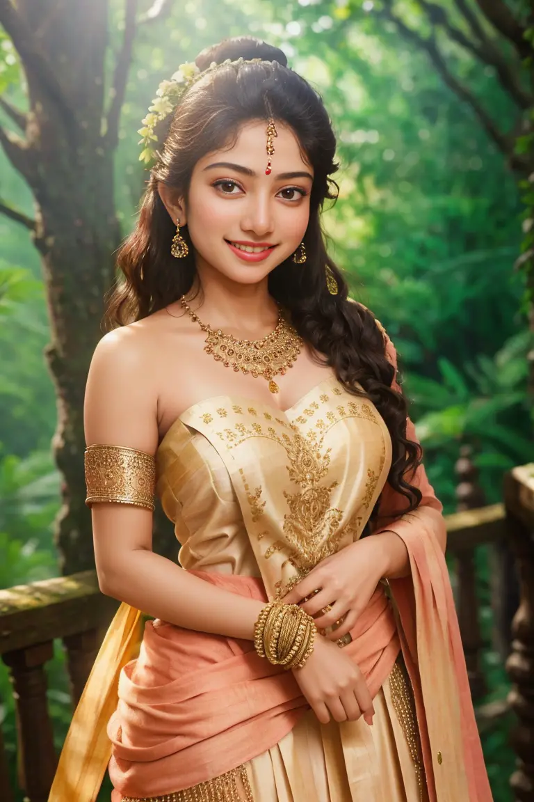 beautiful radha, wearing a dress made of only bells, without clothes, firm breasts, erotic, seductive, beautiful, smile, perfect...