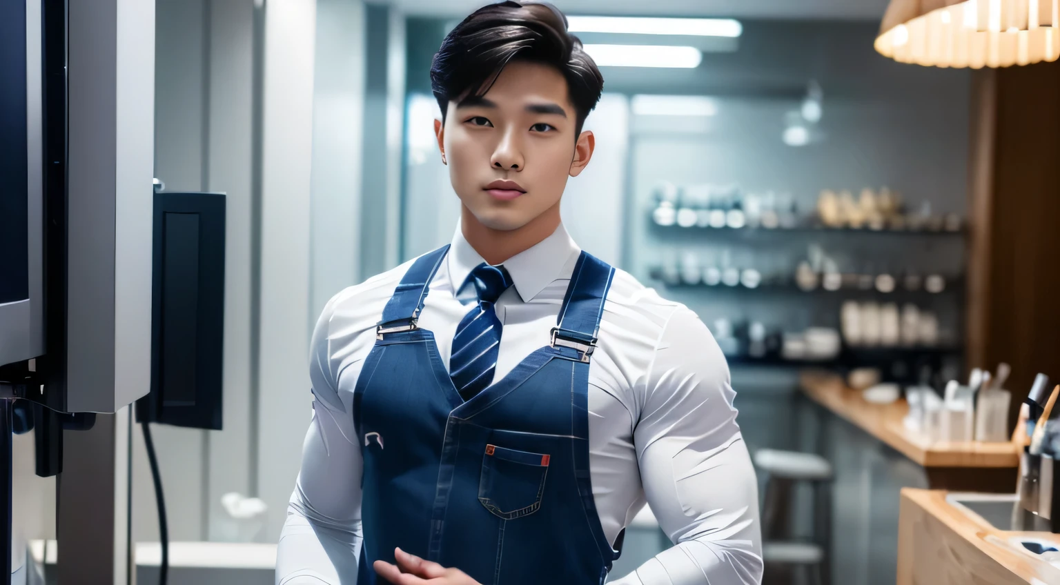 (tmasterpiece: 1.2),(computer generated art:1.3),(actual:1.5),(Post-processing:1.3), (Focus Clear:1.3), 1人, (Suits and ties), navy blue overalls, Young Koreans , Korean men, (high shadows detail), chest muscle, Big arm muscles, blood vessel, large muscle, Wide shoulders, looking at viewert, balance eyes, nightclub, Liman, cafe shop