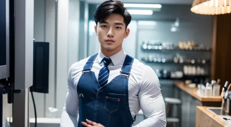 (tmasterpiece: 1.2),(computer generated art:1.3),(actual:1.5),(Post-processing:1.3), (Focus Clear:1.3), 1人, (Suits and ties), navy blue overalls, Young Koreans , Korean men, (high shadows detail), chest muscle, Big arm muscles, blood vessel, large muscle, ...