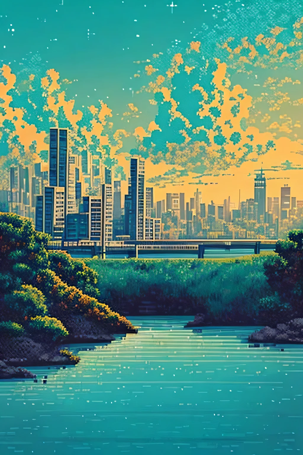 city view from cliff,afternoon,pixel art style,pixel art stars,line art detail,strong contrast,retro color palette,crisp lines,highly detailed buildings,tall skyscrapers,glowing windows,vibrant colors,lively atmosphere,rolling clouds,steep cliff,rocky texture,cascading waterfalls,lush greenery,serene river,bridges connecting the city,busy streets,pedestrians and cars bustling,unique architecture,impressive skyline, energy,peaceful yet vibrant