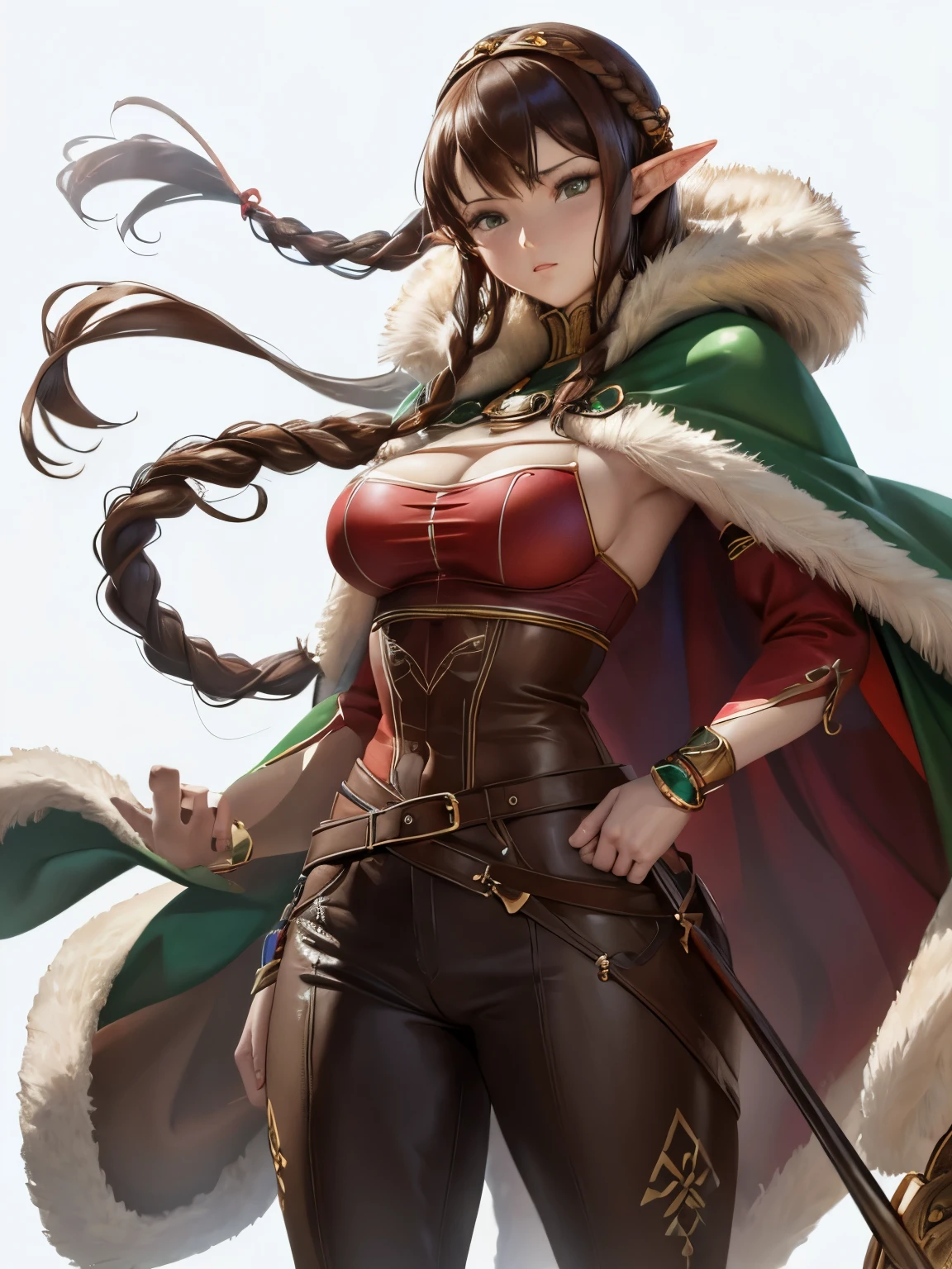 masterpiece, high quality, 1 girl, mature woman, alone, standing pose, oil painting, front view, muscular body, free arms, detailed hands, detailed face, correct anatomy, adventurer clothes, elf, brown cape, brown boots,red tunic,free arms, fur coat, Brown pants,brown hair, braid, green eyes, white skin, sakimichan art style, zumi draws art style, no background, white background