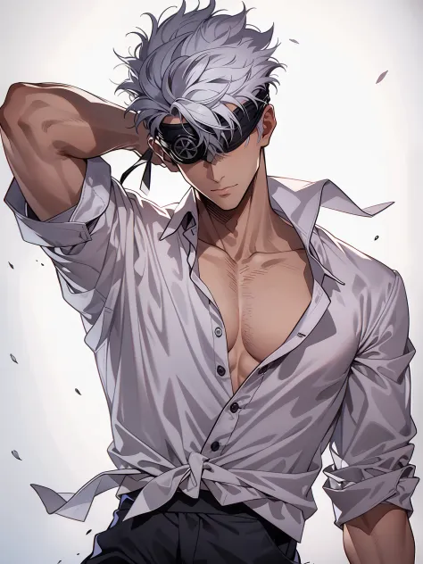 gojo satoru, male, black eyepatch, white hair, shirt, tie, black pants, muscles, details, hd,uhd, masterpiece, ccurate, award wi...