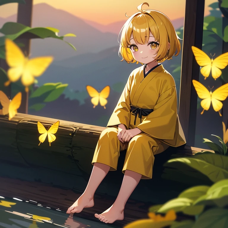 Little anime kid girl with short yellow hair and yellow eyes wearing an yellow ancient Japanese shirt and brown pants with no shoes looking happy sitting on a log with yellow butterflies flying around her at sunset