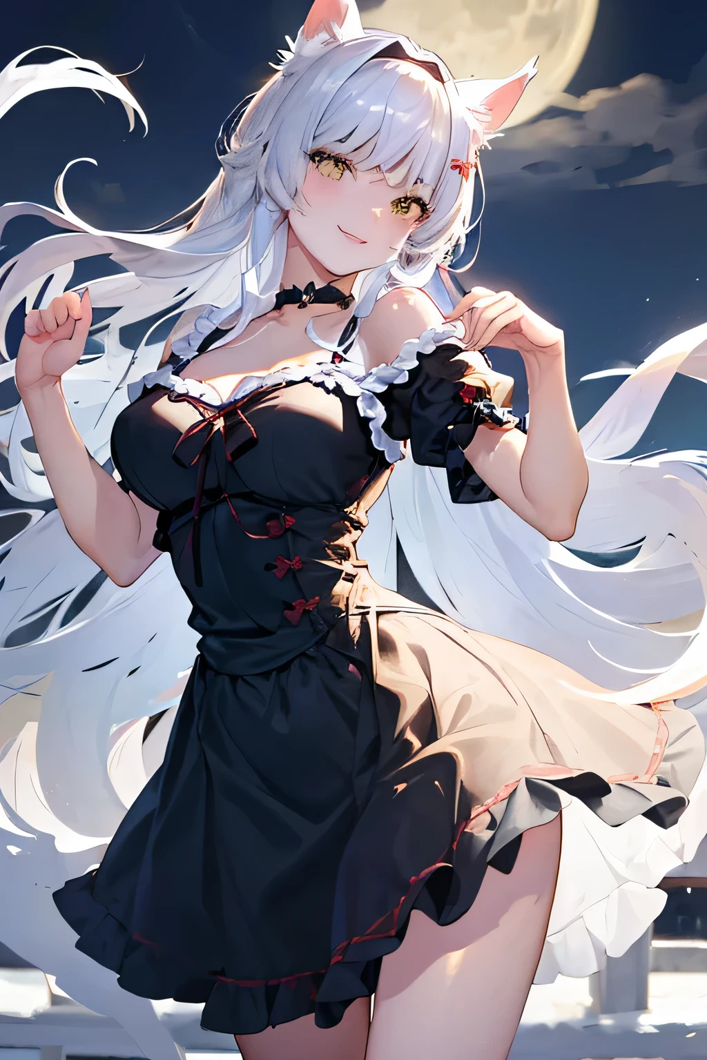 Anime girl with white hair and black dress posing in front of a full ...