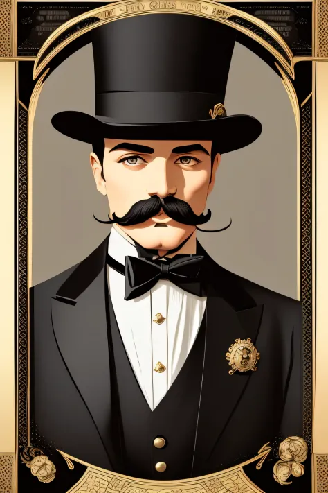 there is a poster of a man with a mustache and a top hat, vector art inspired by Frank Xavier Leyendecker, tumblr, art nouveau, ...
