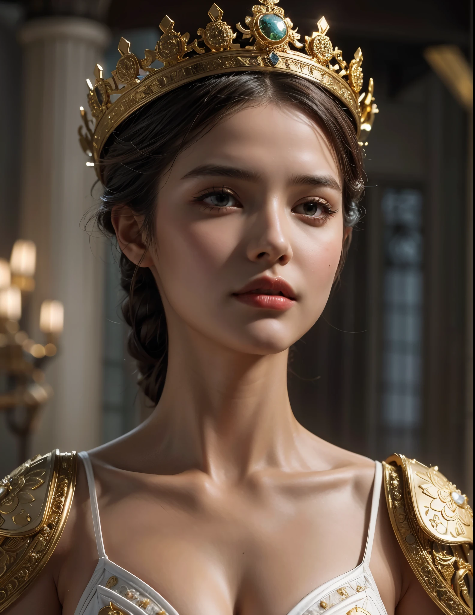 Beautiful girl in a white dress and gold crown poses for a photo., unreal engine render + a goddess, cinematic goddess close shot, Brown eyes, H. R. Giger, intricate detailed, very high details, photo-hyper-realistic, 8k, UHD, hyperdetailed, (Dynamic Poses:1.4),