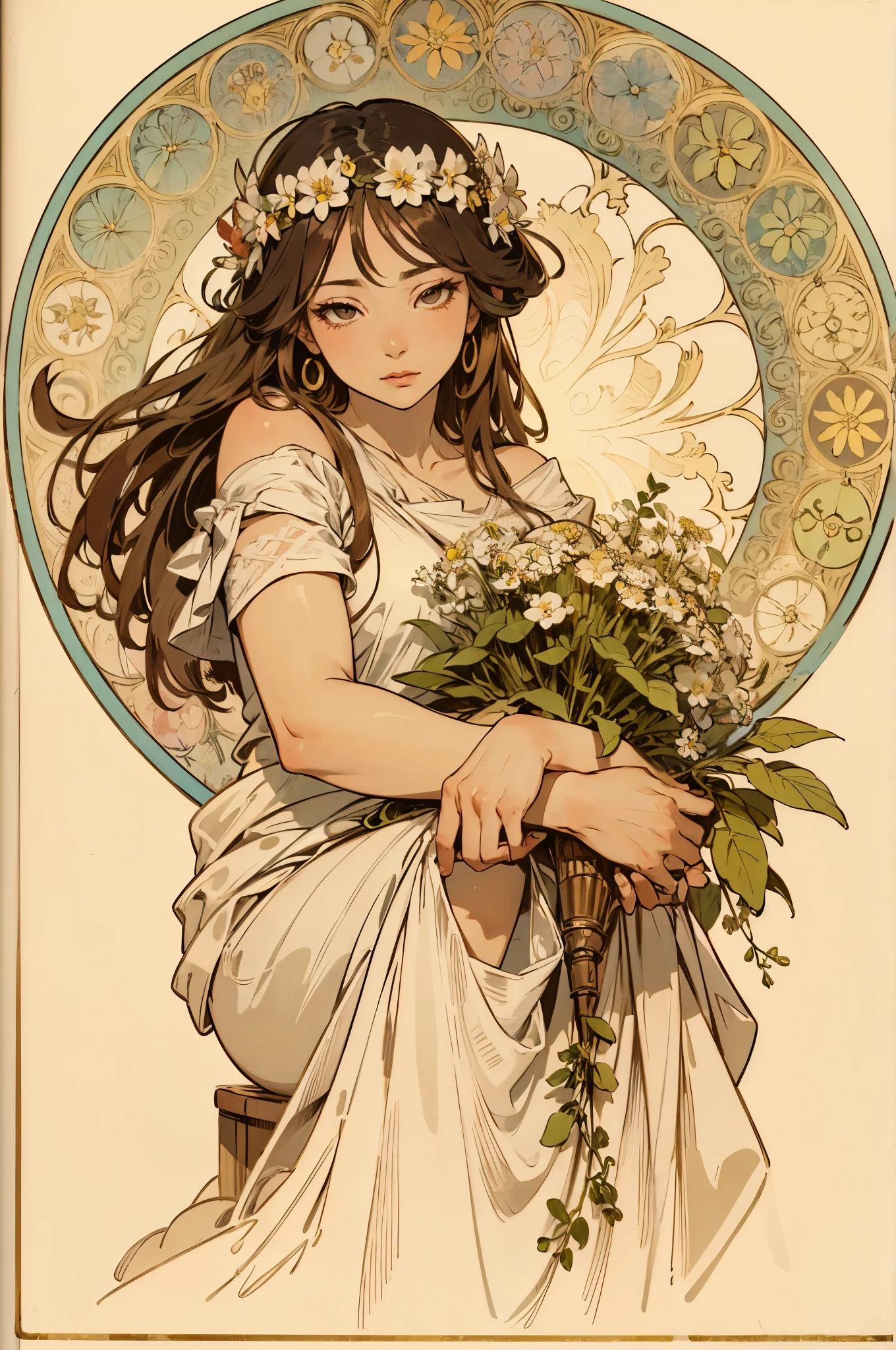 (masterpiece, best quality),ukiyoe,
bare shoulder, depth of field, highest quality, ultra detail, White skin, double eyelids, Woman sitting half-body with a flower in her hair, Alphonse Mucha, Solo, Forelock, Watch your audience,