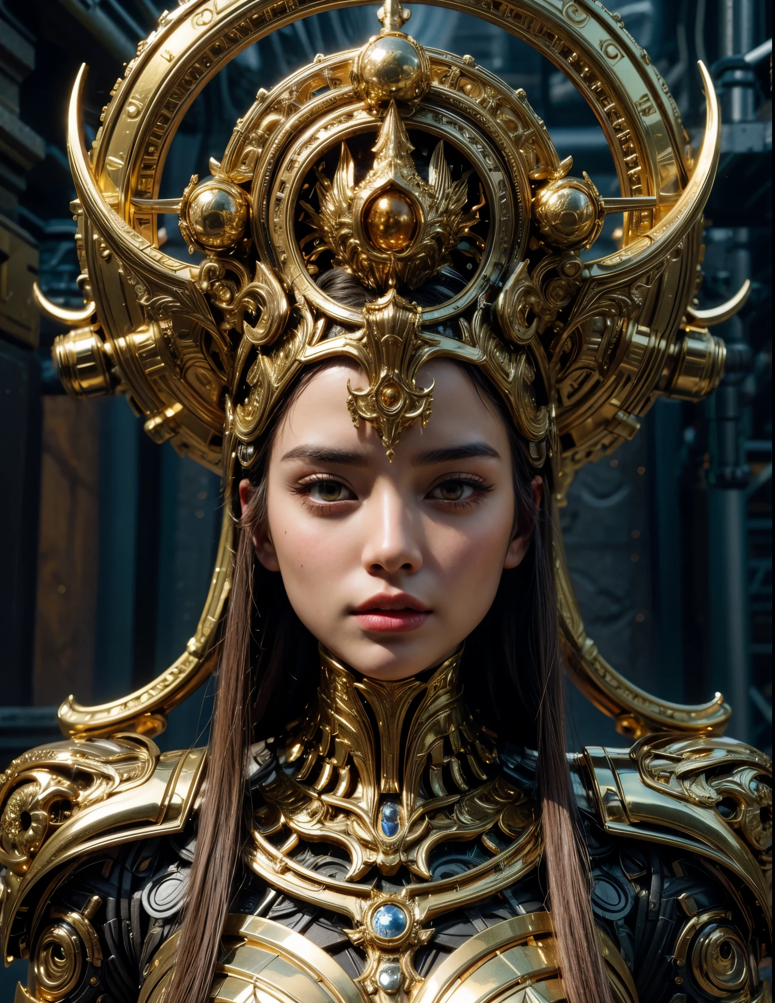 Close-up of a beautiful woman in a golden dress and with a crown on her head., goddesses. very high details, Brown eyes, cinematic goddesses close shot, unreal engine render + a goddesses, Portrait of the Cyborg Queen, extremely detailed, H. R. Giger, intricate detailed, very high details, photo-hyper-realistic, 8k, UHD, hyperdetailed, (Dynamic Poses:1.4),