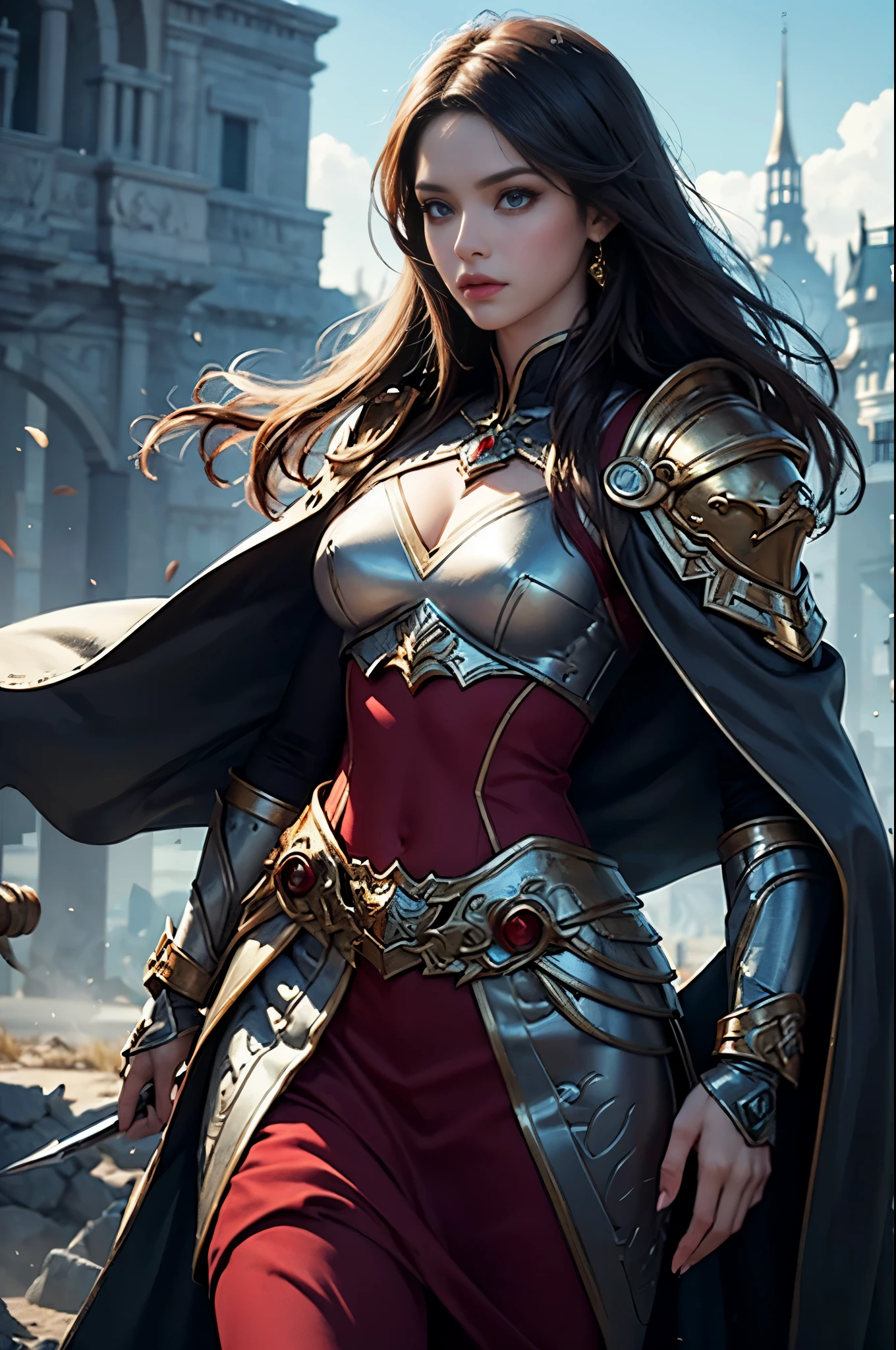 an arab woman wearing black and red costume、, a character portrait by Yang J, cg society contest winner, Fantasy Art, epic exquisite character art, Stunning character art, redhead queen in heavy red armor, 2. 5 d cgi anime fantasy artwork, epic fantasy art style, ig model | ArtGerm, epic fantasy digital art style, Battlefield Commander,A woman in her 30s with unparalleled beauty, Invincible female general, Brave, Awe-inspiring Hall々, extremely detailed and beautiful eyes, blue eyes without pupils, perfect supermodel body, slender body, Cloak wrapped in the wind, Battle Master, Swordmaster,  Veteran Warrior, incarnation of athena, Best Quality, Perfect Angle, perfect-composition, Best Shots, Official art, ciinematic light