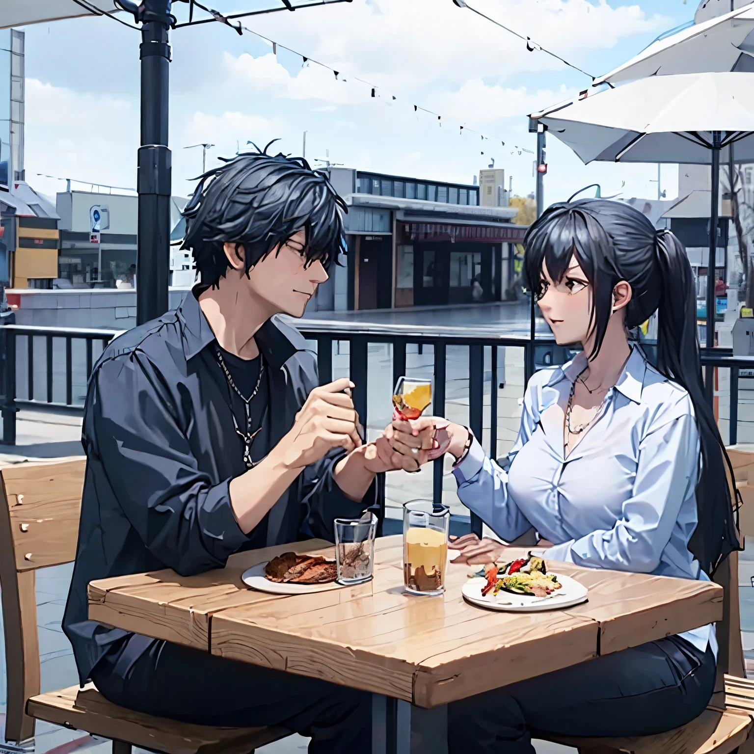 un hombre vestido de negro junto a una mujer almorzando en un restaurante al aire libre.