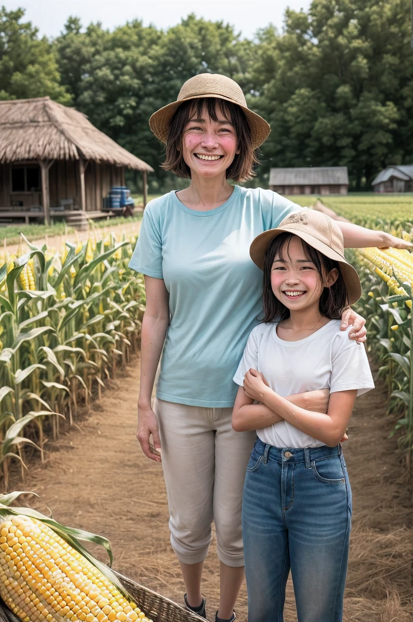 ((elderly couple on farm:1.2)), (best quality,4k,8k,highres,masterpiece:1.2),ultra-detailed,(realistic,photorealistic,photo-realistic:1.37),girl in a serene countryside,peaceful farmhouse,beautiful flower garden,gentle breeze,rustling leaves,happy animals roaming freely,farmland stretching to the horizon,sunlit fields and blue skies,lush green grass,warm sunlight filtering through the trees,clear reflection in the calm river,fields of blooming flowers,smell of freshly cut grass,delicate butterflies dancing in the air,freshly picked fruits and vegetables,farmers tending to their crops,contentment and tranquility,harmonious connection with nature,blissful escape from the bustling city,wholesome and serene atmosphere,a scene that soothes the soul.