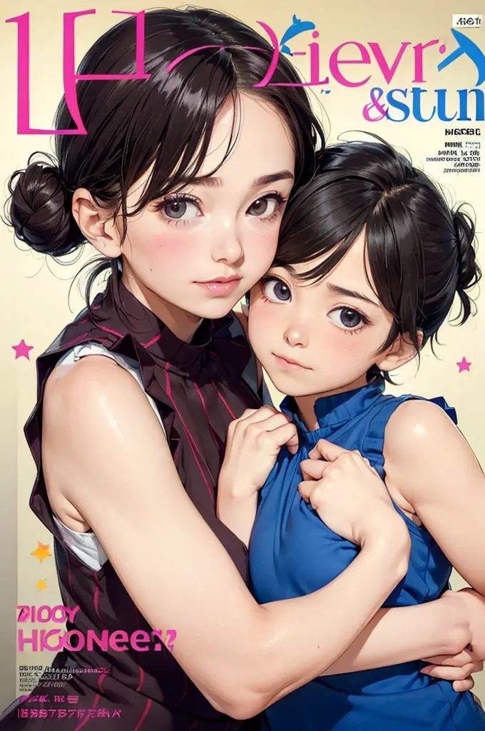 (colorful  Magazine cover with lots of text)，(close-up:1.2)，pajamas， 1girl，Grasp by hand，(mother and son:1.5)，(kiss:1.2)，(A ten-...