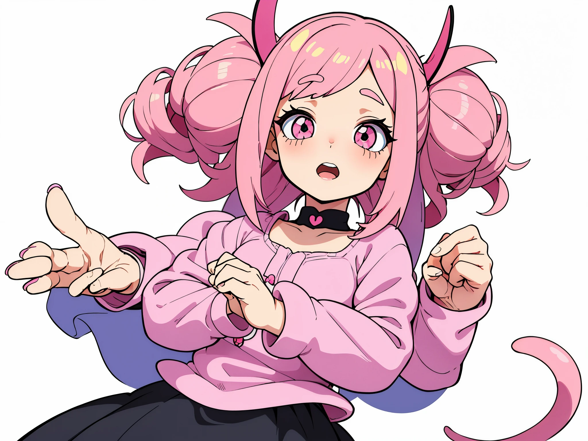 A girl with pink hair and horns is pointing at something - SeaArt AI