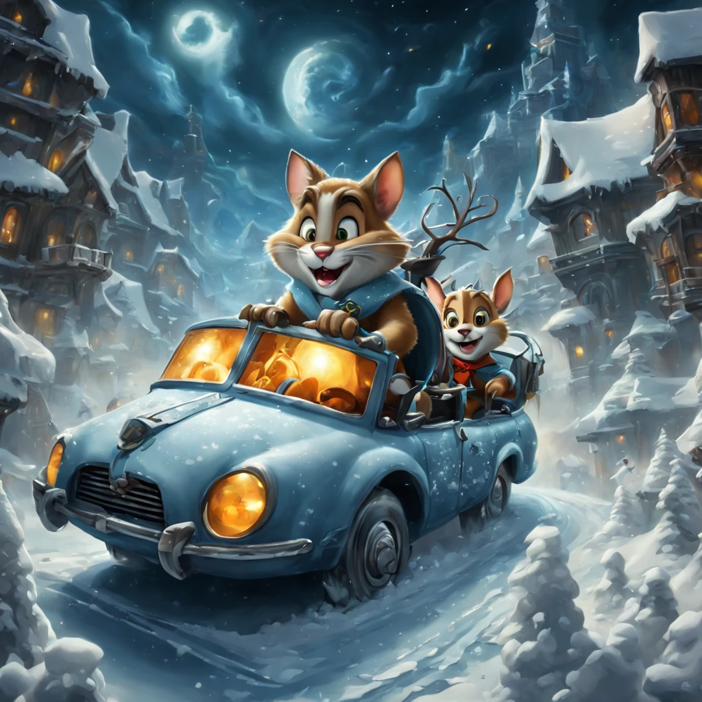 Tom and Jerry, wearing Santa cap, driving space hover car pulled by reindeer, snow-land landscape, Christmas night, close-up, dynamic and fluid, motion blur, 45 degree angle, action shot, wizard battle of the undead and medieval warriors, snowy night, icy stone ruins, frozen misty, gusts of wind, chill, spell-fire and lightning light up the frozen city of the dead