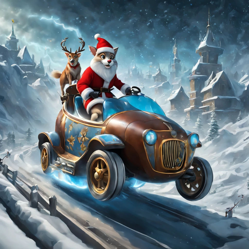 Tom and Jerry, wearing Santa cap, driving space hover car pulled by reindeer, snow-land landscape, Christmas night, close-up, dynamic and fluid, motion blur, 45 degree angle, action shot, wizard battle of the undead and medieval warriors, snowy night, icy stone ruins, frozen misty, gusts of wind, chill, spell-fire and lightning light up the frozen city of the dead