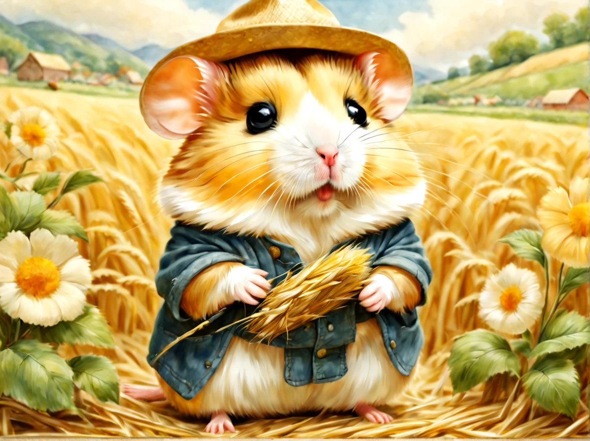 (働くhamstermer),農作業をするhamster,Background of the field,Farm Management Gadget,a straw fedora hat,Growing vegetables,crops are piled up,agriculture,fieldwork,​masterpiece,top-quality,,Chibi,cute little,,A delightful,tre anatomically correct,The cutest hamster,,hamster,,Fantasia,randolph caldecott style,illustratio,watercolor paiting