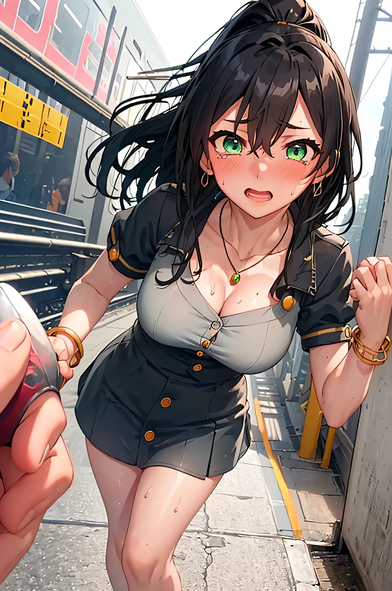 Fuuma_local,medium breasts,Black hair,Long hair,Ponytail,Green eyes,(School uniform,Short sleeve,Miniskirt:1.1),(Skin glittering with sweat:1.1), Outdoors,Sunlight, spotlight effect,Bright sky, Blue sky with clouds,strong breeze, (on train:1.2),(hight resolution, High quality:1.1), Intricate details, Cinematic lighting, 1girl in,(red blush,Crying),(Necklace, Bracelet),(Remote Play:1.2), (remote_vibrating:1.2), ((Press the button at the bottom left of the screen with your hand:1.3))、