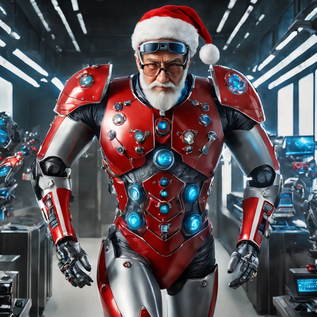 Santa Clause, year 2050, Santa Clause with bionic prosthetics body parts, wearing futuristic Christmas style clothes, using glasses with a wide red rimm, working in a technology company, sci-fi style, movie scene, masterpiece, five fingers in each hand, Albrecht Durer hands, UHD, 16k