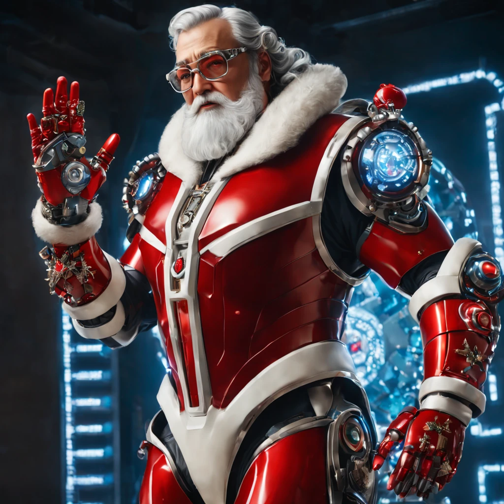 Santa Clause, year 2050, Santa Clause with bionic prosthetics body parts, wearing futuristic Christmas style clothes, using glasses with a wide red rimm, working in a technology company, sci-fi style, movie scene, masterpiece, five fingers in each hand, Albrecht Durer hands, UHD, 16k