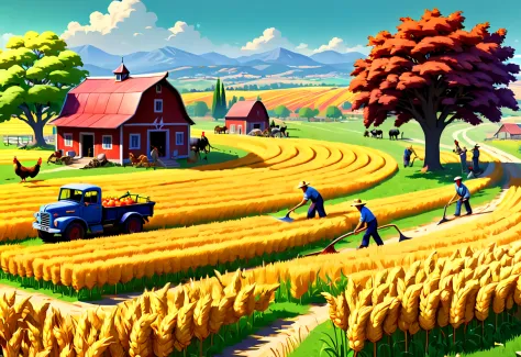 stained glass style，(1 unique and scenic farm)，(Red roofs and surrounding golden wheat fields and colorful orchards), ((People a...