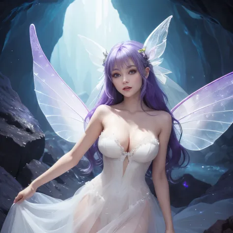 ((best quality)),((masterpiece)),((strikingly beautiful)),1girl, solo, high quality, masterpiece, skinny, fairy, wedding dress, bridal veil, crystal cave, purple hair, fairy wings, crystals, blue light, huge breasts,