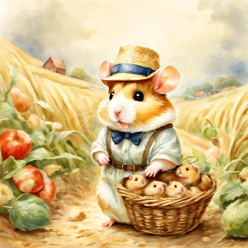 (働くhamstermer),農作業をするhamster,Background of the field,Farm Management Gadget,a straw fedora hat,Growing vegetables,crops are piled up,agriculture,fieldwork,​masterpiece,top-quality,,Chibi,cute little,,A delightful,tre anatomically correct,The cutest hamster,,hamster,,Fantasia,randolph caldecott style,illustratio,watercolor paiting