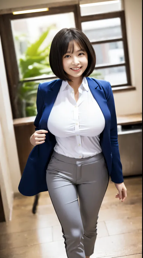 (in 8K、超A high resolution、Best Quality、masuter piece、Photorealsitic、The ultra -The high-definition)、(huge tit、爆乳、toned body、Crotch indirect、Always wear a white shirt、Gray pantsuit、Always hide all breasts、Always tuck your shirt into your pants、Walking in an...