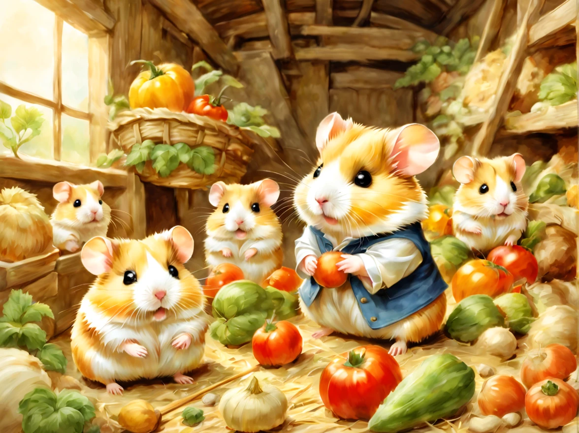 (働くhamstermer),農作業をするhamster,Background of the field,Farm Management Gadget,a straw fedora hat,Growing vegetables,crops are piled up,agriculture,fieldwork,​masterpiece,top-quality,,Chibi,cute little,,A delightful,tre anatomically correct,The cutest hamster,,hamster,,Fantasia,randolph caldecott style,illustratio,watercolor paiting