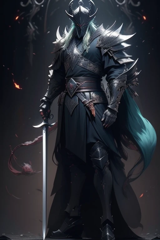 middle aged man, Evil painting style, A high resolution, dark green color hair, Half are demon bodies, Half of it is demon noodles, Chinese Warrior, Delicate three-dimensional blue flame demon face, beard, Wearing a hat, Expression of anger, Perfect body proportions, kaftan, Black and white robes, A scabbard hangs from his waist, Handsome, Full body view, standing on your feet, （White background：1.3）, swordsman, He held a long knife that was wide and heavy in his hand, Face the lenlackn clothes：0.8）, High detail, Masterpiece, accurate, Anatomically correct, Textured skin