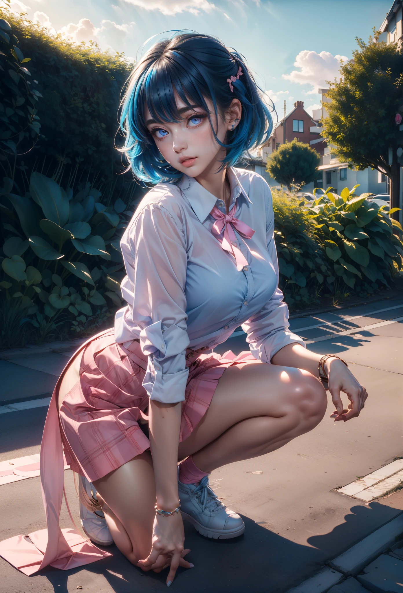 (Detailed pubic hair beautiful eyes and Detailed pubic hair face, tmasterpiece side light, tmasterpiece, Best quality at best, Detailed pubic hair, high-resolution illustrations), (1 girl, beuaty girl, Glossy glossy skin), (sky-bluehair, a pink eyes, a skirt, ribbons, button- shirt)(kneels on the ground)