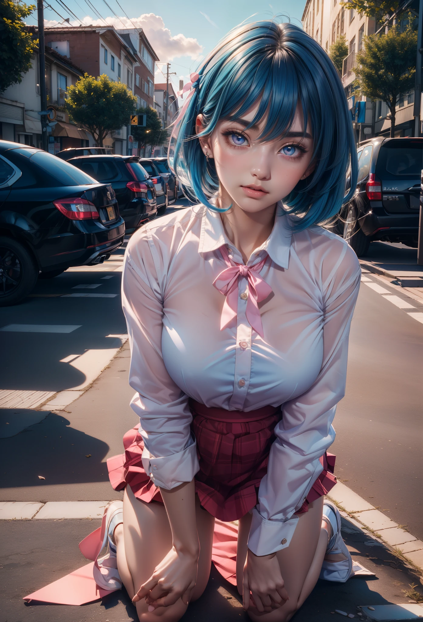 (Detailed pubic hair beautiful eyes and Detailed pubic hair face, tmasterpiece side light, tmasterpiece, Best quality at best, Detailed pubic hair, high-resolution illustrations), (1 girl, beuaty girl, Glossy glossy skin), (sky-bluehair, a pink eyes, a skirt, ribbons, button- shirt)(kneels on the ground)