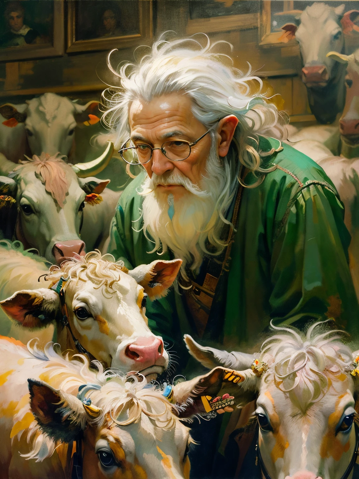 an oil painting，da vinci art style。old man among cows, messy  hair，Guviz style artwork,，Artistic creativity:1.37,Sweet，Wonderful and magical，Exquisite，Natural soft light， eyes，