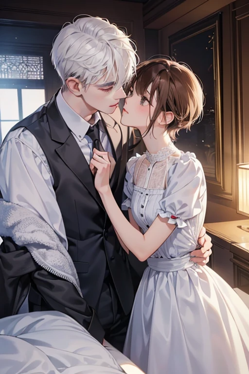 Male and female couples、Flirting、a bedに横たわっている、Intense kiss、girl with(White head hair,short-hair,kawaii,doress,small tits:1.3),Handsome man in a suit,(Men in suits,well-muscled,Firm shoulder width, Brown hair,Boyish hairstyle,cool expression,tall, 33yo:1.2)、Background with（a room、a bed）、The time is midnight、Soft lighting