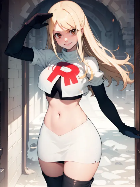 Lucy_Heartfilia, long hair,blonde hair, brown eyes, ,team rocket uniform, red letter R, white skirt,white crop top,black thigh-high boots, black elbow gloves, evil smile, looking at viewer, cowboy shot, salute