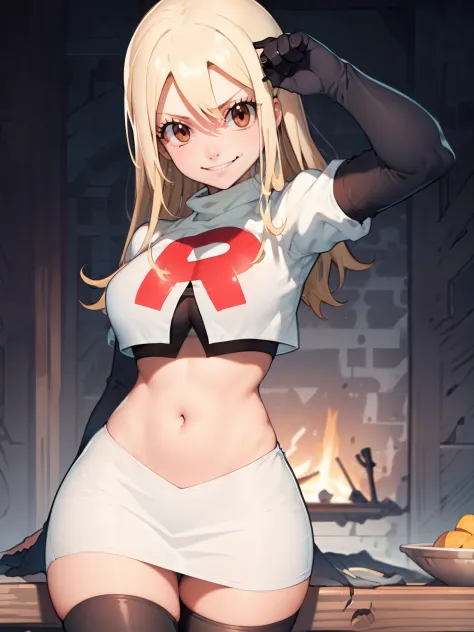 Lucy_Heartfilia, long hair,blonde hair, brown eyes, ,team rocket uniform, red letter R, white skirt,white crop top,black thigh-high boots, black elbow gloves, evil smile, looking at viewer, cowboy shot