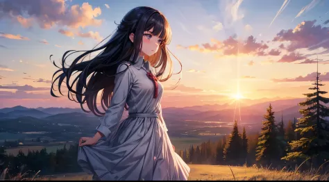 beautiful anime girl, sad looking face, standing on a hill