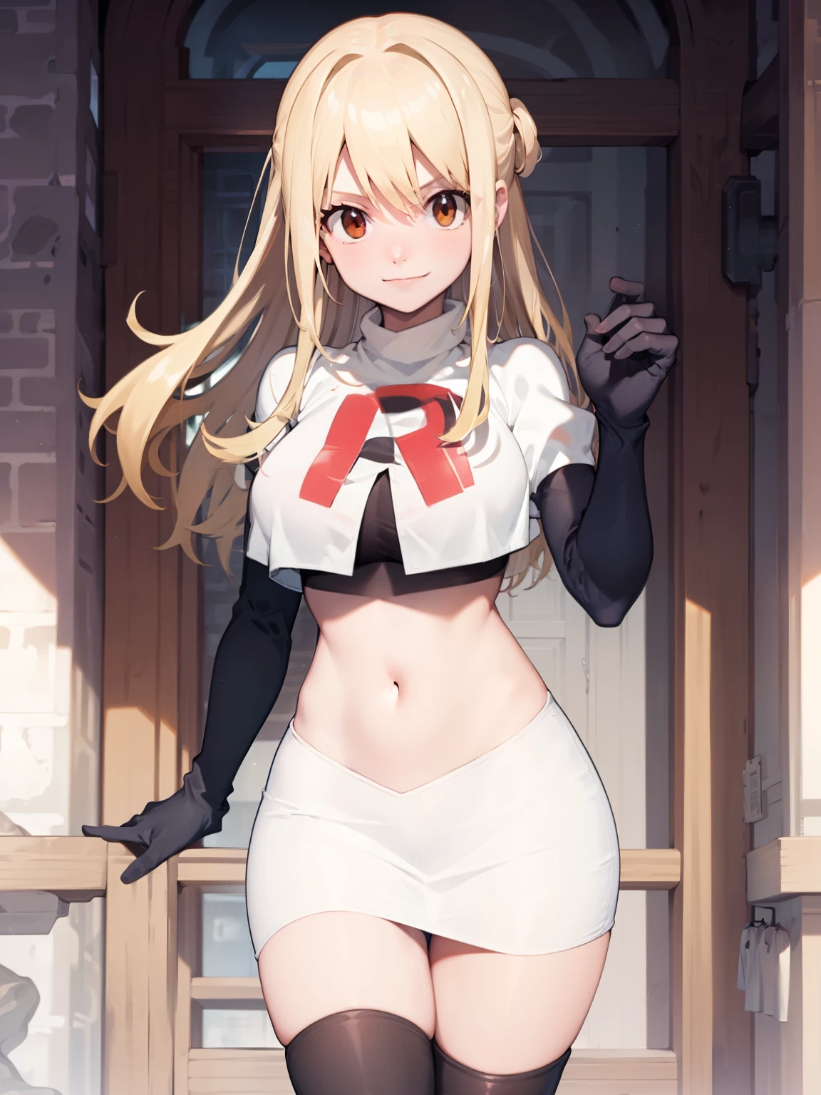 Lucy_Heartfilia, long hair,blonde hair, brown eyes, ,team rocket uniform, red letter R, white skirt,white crop top,black thigh-high boots, black elbow gloves, evil smile, looking at viewer, cowboy shot