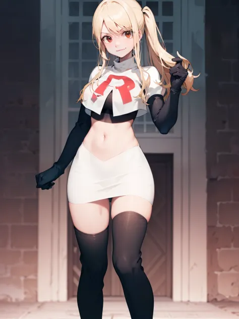Lucy_Heartfilia, long hair,blonde hair, brown eyes, ,team rocket uniform, red letter R, white skirt,white crop top,black thigh-high boots, black elbow gloves, evil smile, looking at viewer, cowboy shot