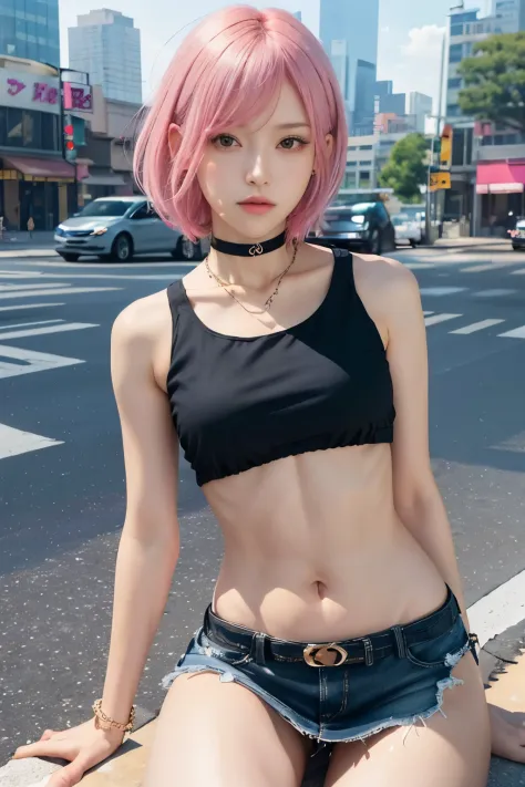 a woman with pink hair and a black top is sitting on a city street with a traffic light in the background, Artgerm, anime art, cyberpunk art, photorealism, 1girl, bangs, bare_shoulders, black_choker,  medium breasts, bridge, building, choker, city, citysca...