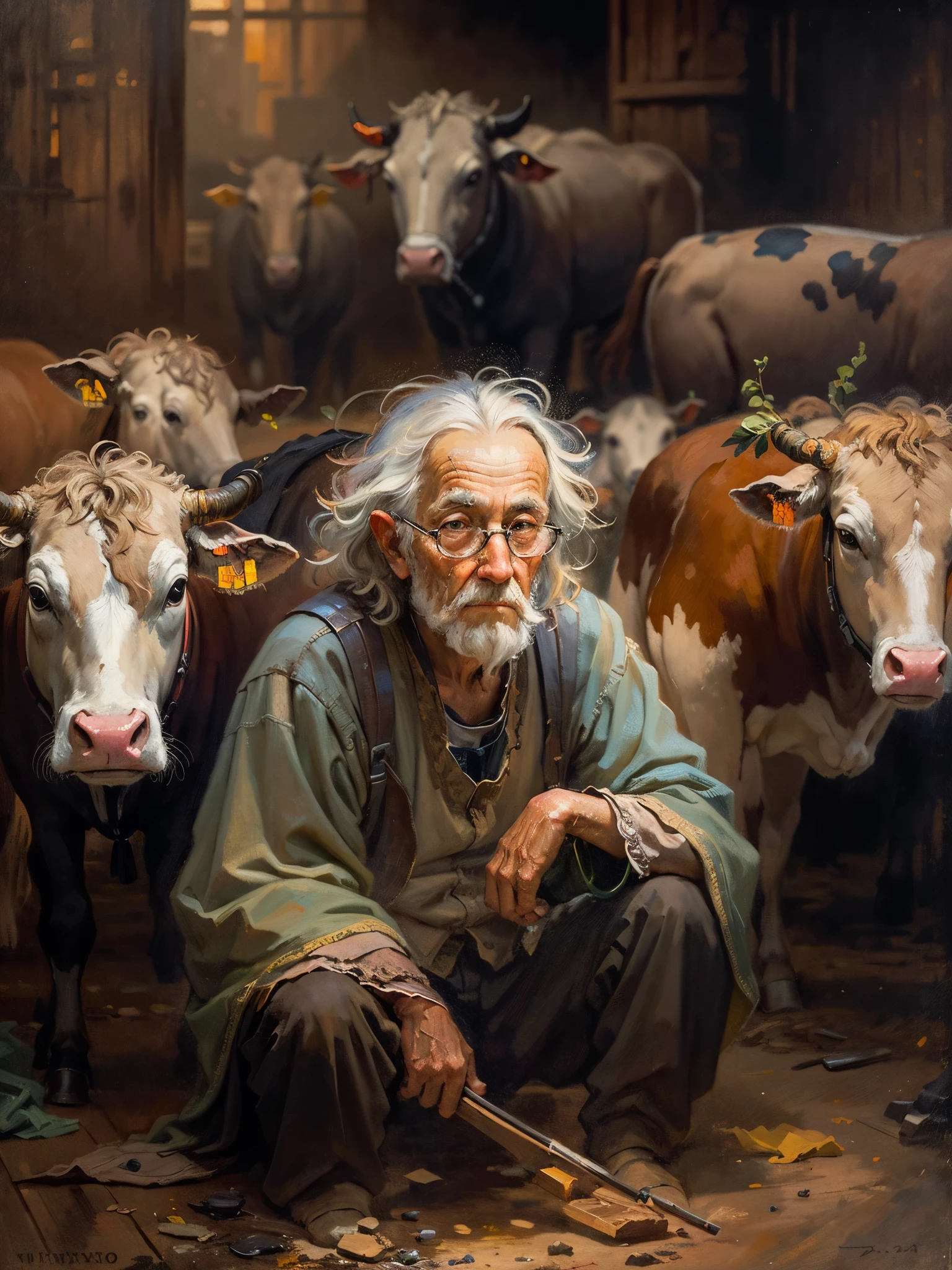 une peinture à l&#39;huile，style artistique de Vinci。vieil homme parmi les vaches, les cheveux en désordre，Oeuvre de style Guviz,，créativité artistique:1.37,doux，Merveilleux et magique，exquis，lumière douce et naturelle， yeux，