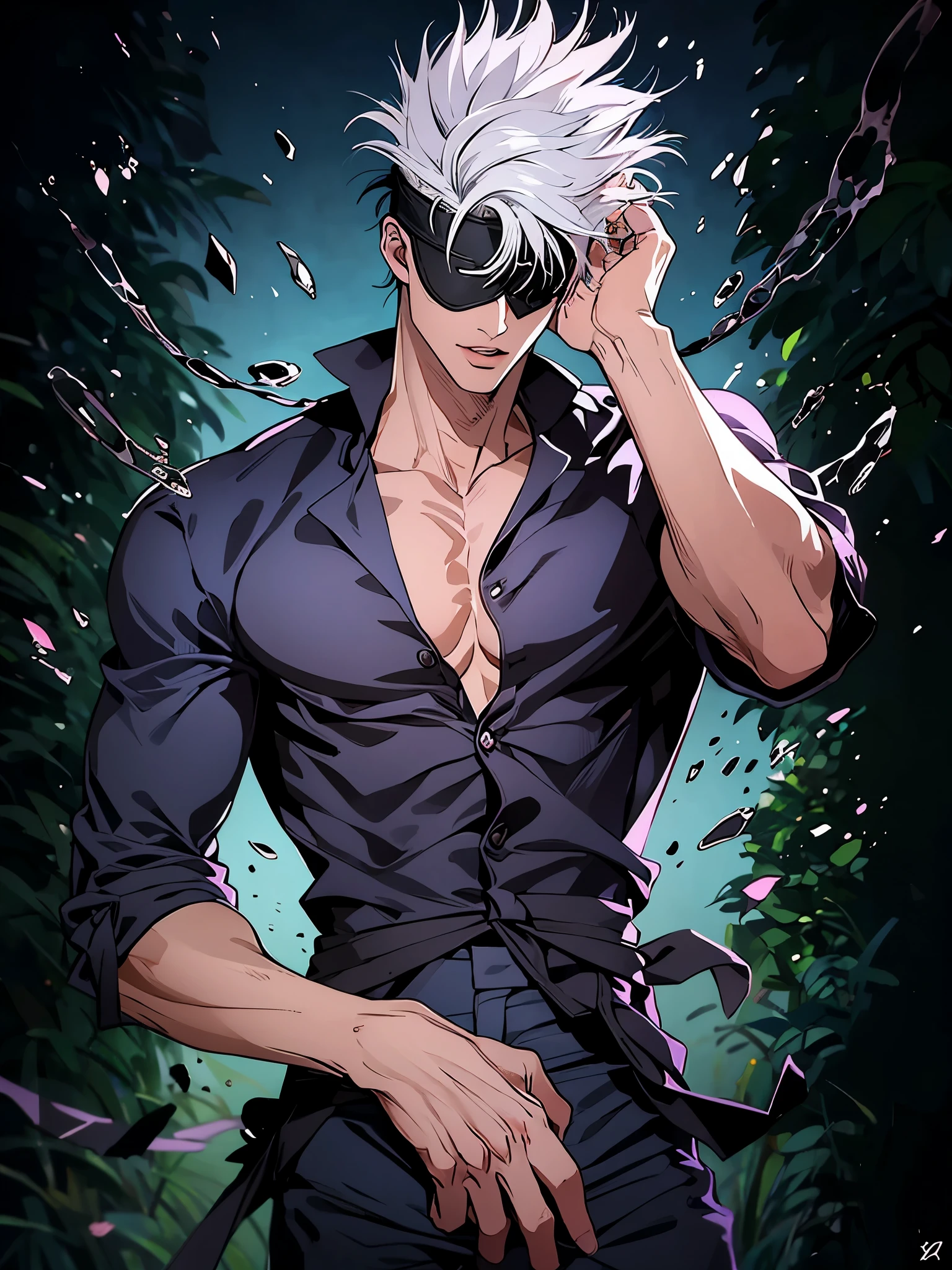 Gojo Satoru, male, black eyepatch, nose, lips, white hair, open shirt, chest, abs, correct muscles, black tie, black shirt, tie, black pants, muscles, details, HD,UHD, masterpiece, ccurate, award winning, best quality, highres, 1080P, anatomically correct, anatomically correct